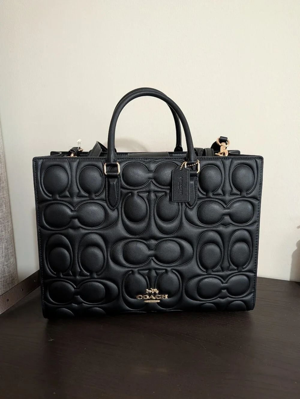 Coach Black Signature Leather Maggie Tote Bag Large